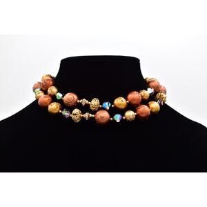 Deauville Vintage Double Strand Choker Beaded Necklace Gold Copper Crystal BinY